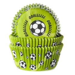 Košíčky na muffiny - FOTBALOVÉ zelené (nápis Goal + míče)