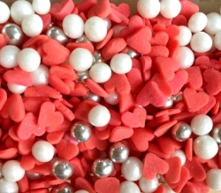 Cukrová dekorace - Srdíčka červená + perličky / mix 50 g