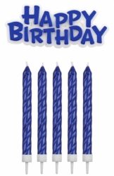 Dortové svíčky - Zářivě modré + dekorace Happy Birthday 