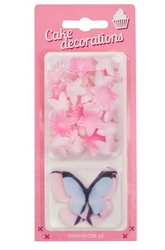 Dekorace z jedlého papíru - Růžové mini kytičky a motýlci