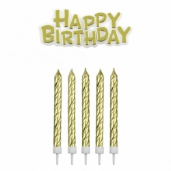 Dortové svíčky - Zlaté + dekorace Happy Birthday