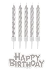 Dortové svíčky - Stříbrné + dekorace Happy Birthday