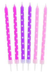 Dortové svíčky - Barevné s puntíky / 24 kusů (fialová, světle a tmavě růžová)