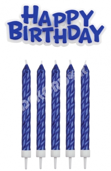 Dortové svíčky - Zářivě modré + dekorace Happy Birthday  - kopie