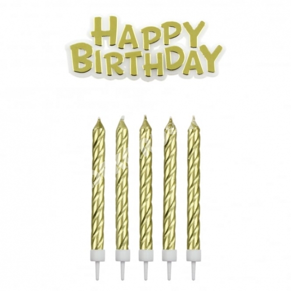 Dortové svíčky - Zlaté + dekorace Happy Birthday  - kopie