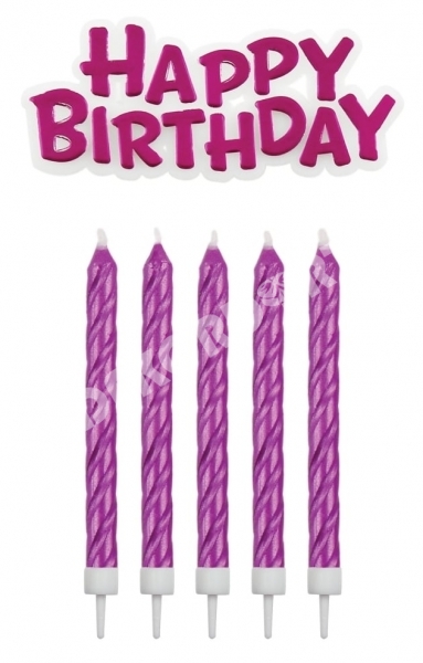 Dortové svíčky - Zářivě růžové + dekorace Happy Birthday 